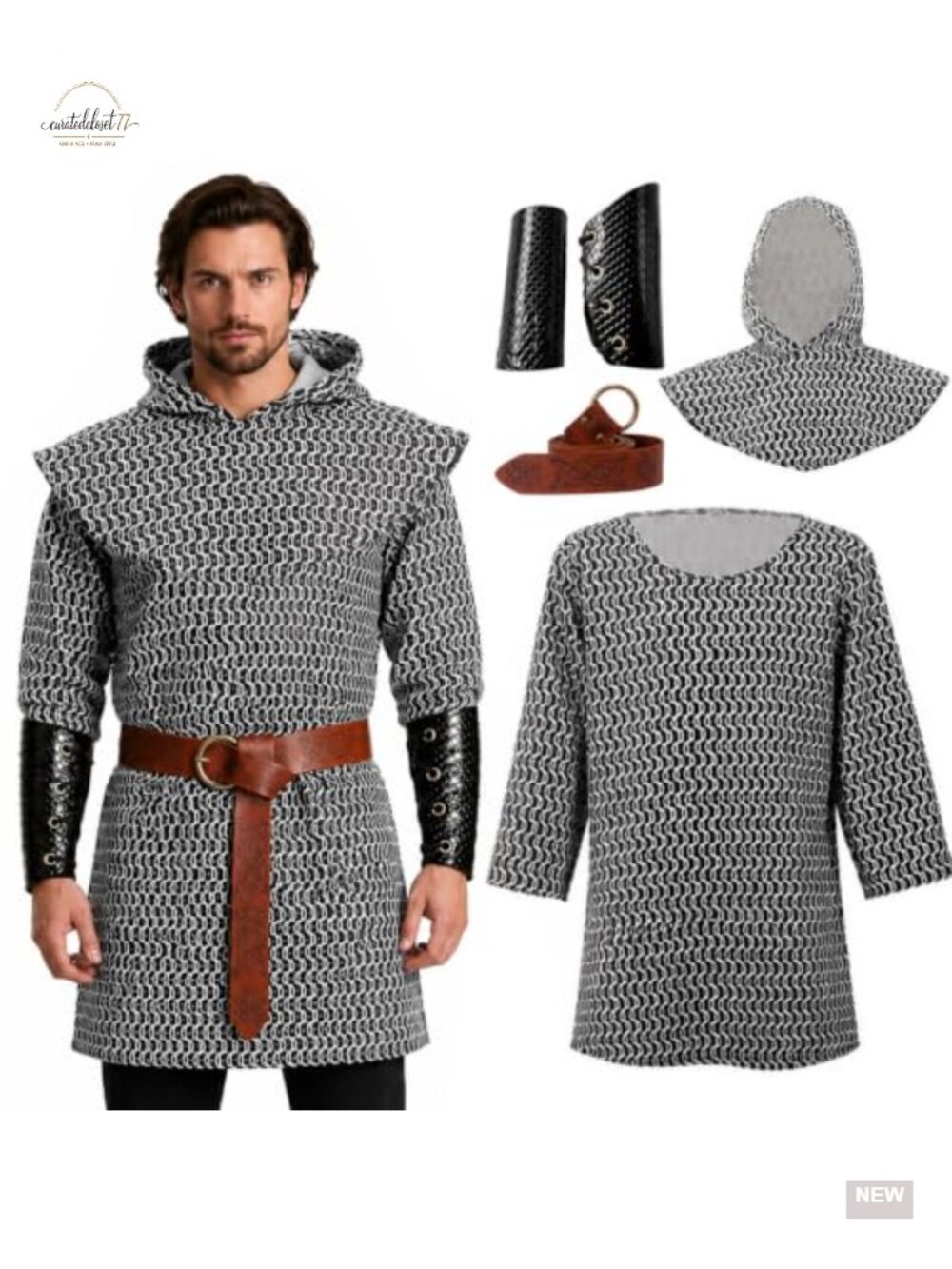 Men's Medieval Knight Costume Chainmail Tunic Hood Bracers Belt